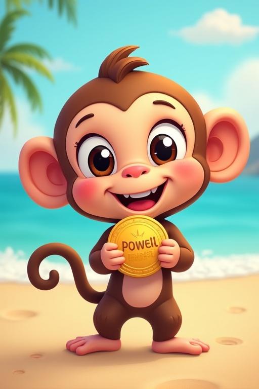 Cute animated baby monkey character holds a coin with POWELL in it. Beach surroundings with palm trees and ocean in the background.