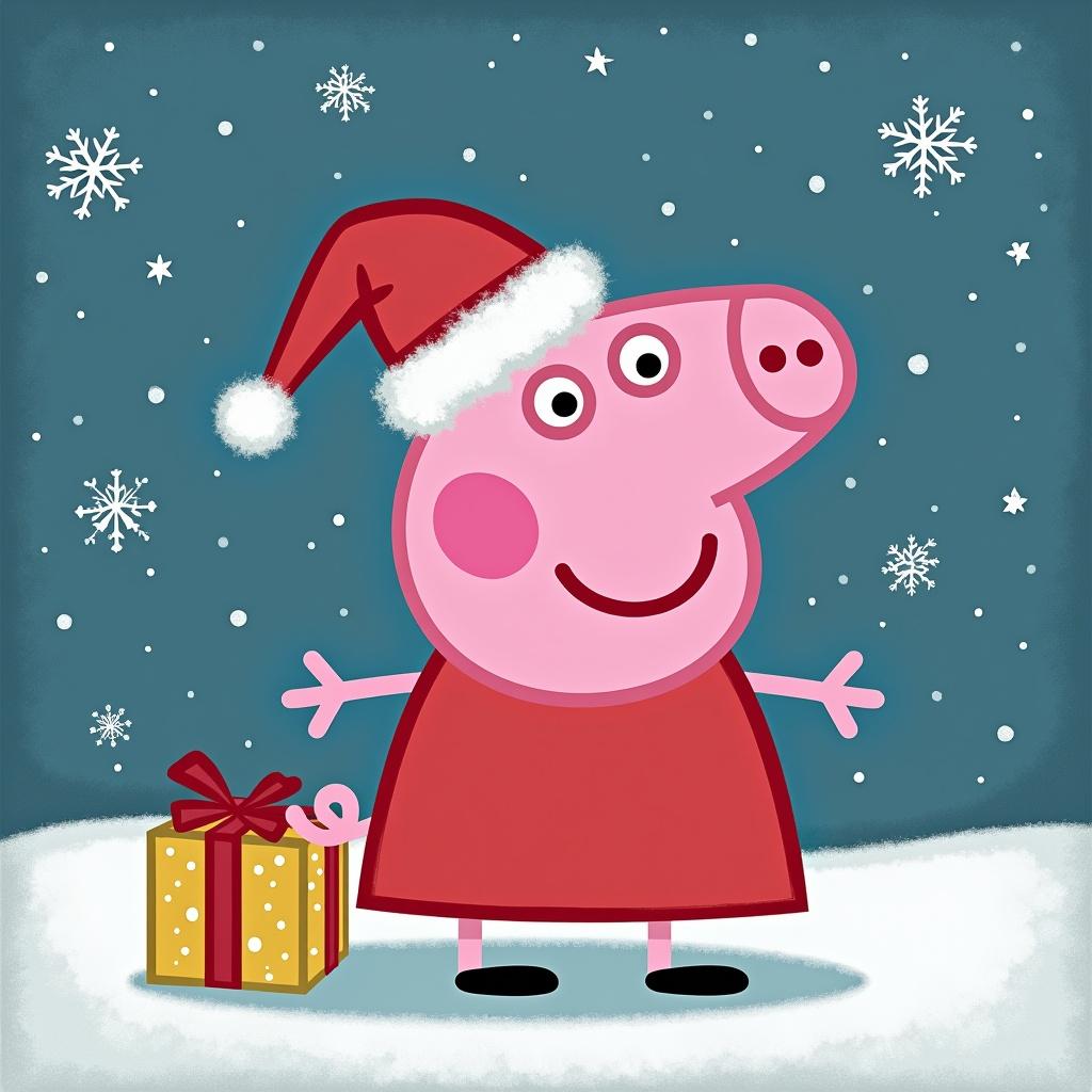 A cheerful cartoon character dressed for Christmas. Character holds a present in a snowy setting. Snowflakes fall around. Bright colors enhance the festive mood.