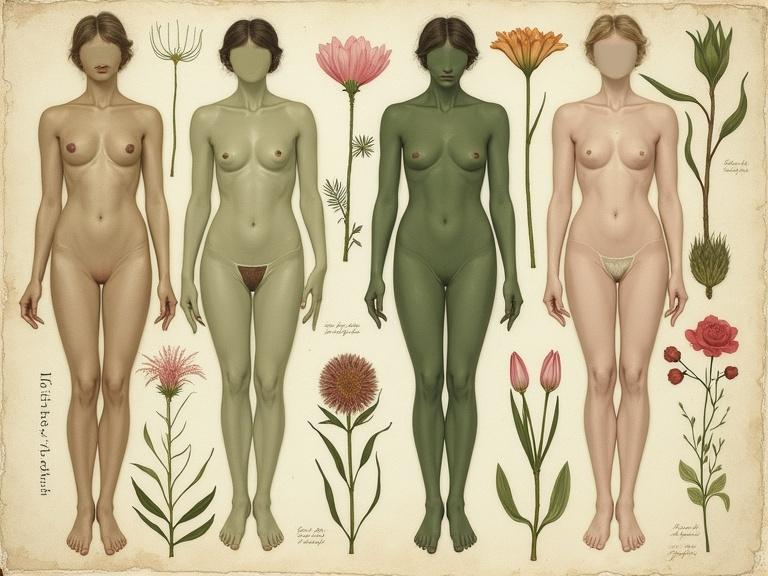 Acrylic still life resembling an old botanical plate. Pressed women's bodies with spread legs displayed on parchment-textured surface. Colors include muted greens, soft creams, and dusty pinks. Fine details with handwritten-style labels. Mood is quiet and scholarly.