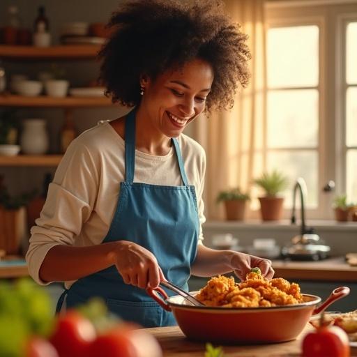 Happy mother cooking in kitchen. Using Beyond Blends' Fried Chicken spice. Sunlight coming through window. Warm color tones. Woman wearing blue apron. Authentic smile.
