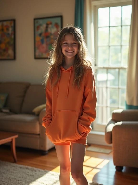 Full frame photo of a teen girl in a bright orange hoodie and micro shorts. She is in a living room with soft sunlight filtering through large windows. Casual sandals worn on her feet. A flirty smile is present, captured in a relaxed setting.