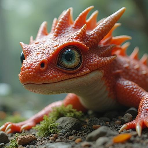 A cute dragon with spiky features and big eyes. The creature has a vibrant orange hue and is placed in a natural setting with rocks and moss. The dragon's eyes are large and captivating. The image captures an enchanting and whimsical appeal.