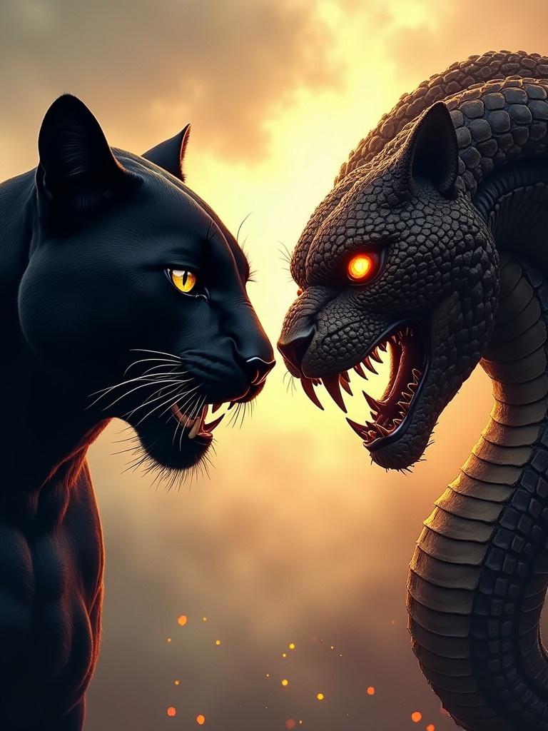 Create an image showing a black panther and a king cobra facing each other with fierce expressions. The background should reflect their anger and intensity. The focus is on their faces.