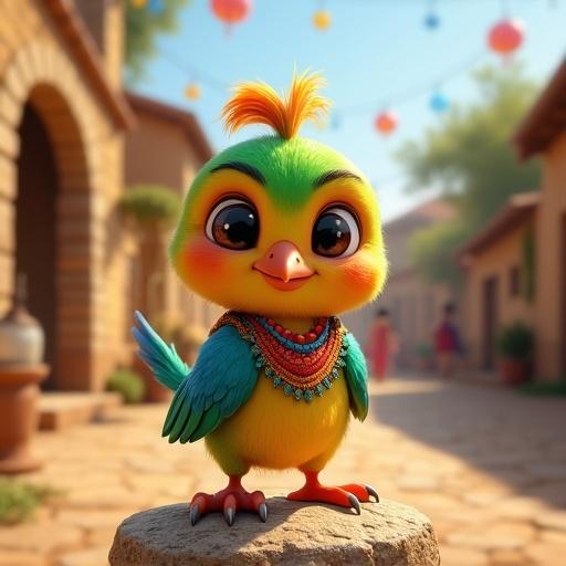 3D baby guardabarranco bird with vibrant feathers. Big expressive eyes. Perched on a stone. Miniature folkloric outfit inspired by El Güegüense. Cultural village background. Rustic homes and trees. People dancing in the distance. Bright sunny atmosphere.