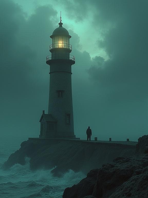 Lighthouse stands tall against a stormy sea. Striking contrast between light and dark. Haunting atmosphere created by moody colors and textures. Storm clouds swirl ominously. A figure stands in the foreground, gazing out at the tumultuous waters. Light from the lighthouse pierces the gloom.
