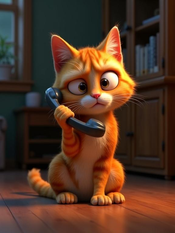 3D render of a stylized orange tabby cat holding a phone. Cat looks annoyed. Dark room with soft light from the phone highlights the cat's features. The background is slightly cluttered but does not distract from the main subject.