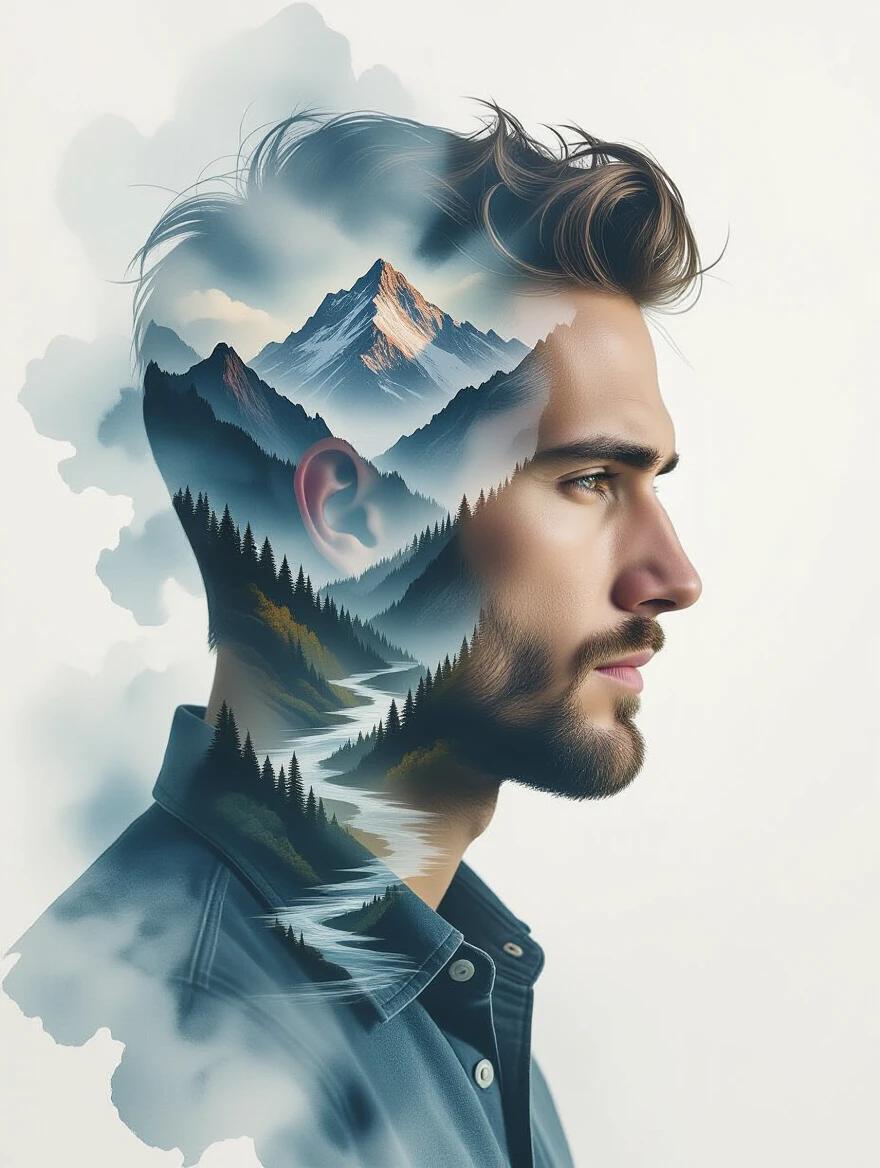 Close-up portrait of a man in profile. Double exposure effect blending a mountain range and flowing river within his head and shoulders. Soft transitions using ink wash textures. Dramatic lighting and faint mist. Poetic and contemplative. Sharp foreground merged with abstract natural background.