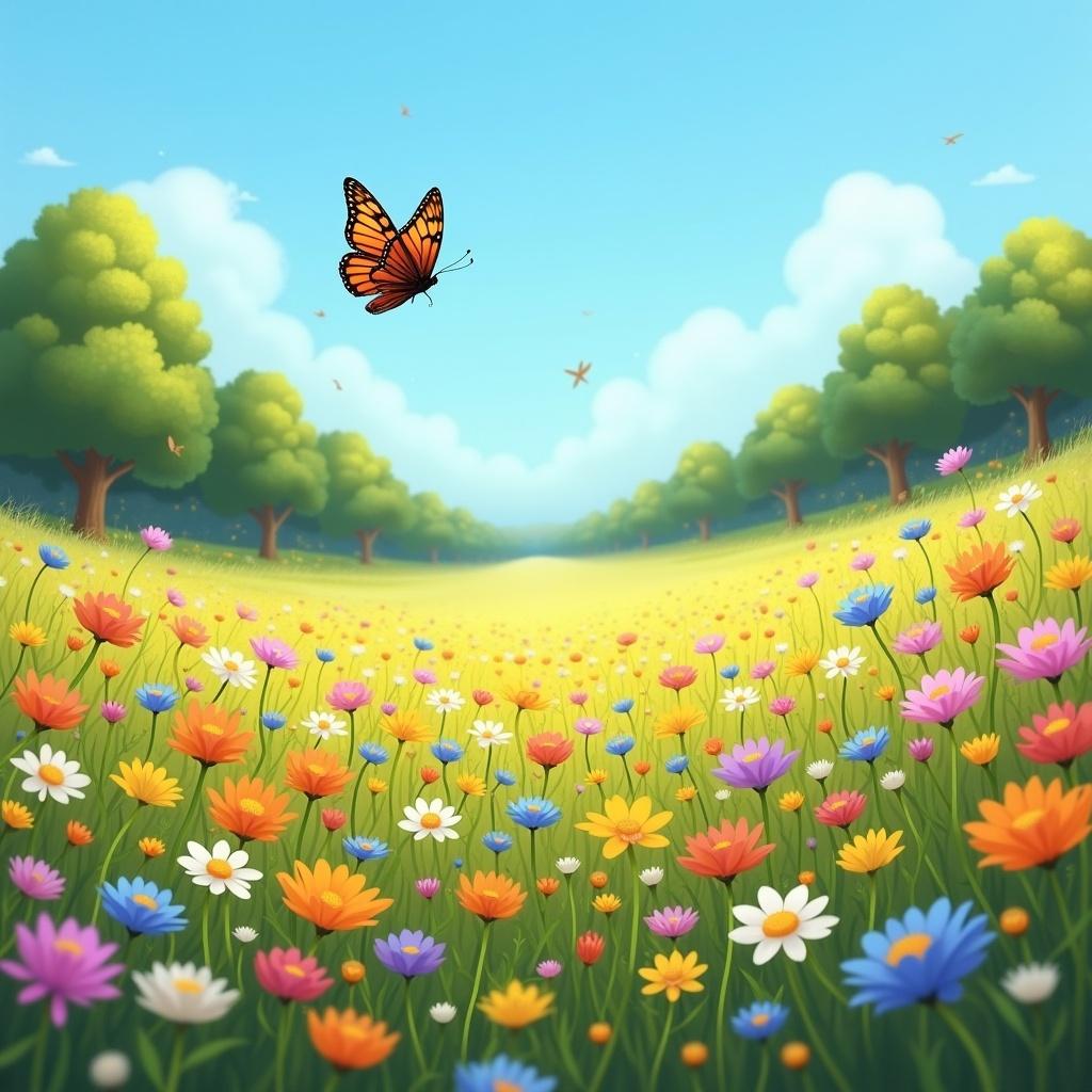 A vibrant landscape featuring a butterfly flying over a colorful flower field. Lush green trees line the horizon under a bright blue sky. A variety of colorful flowers scatter across the meadow.