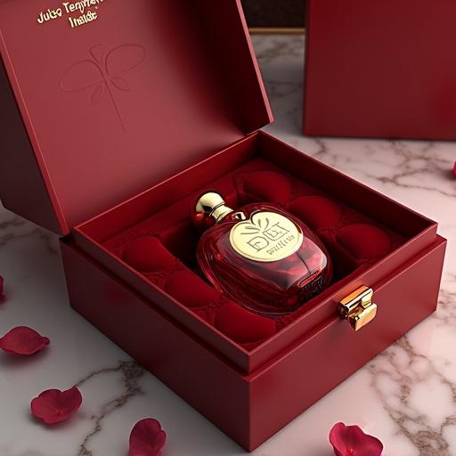 Luxurious 3D render of a perfume packaging box for KAYALI Eden Juicy Apple 01. Box is square with curved edges made from deep wine-red material. Embossed geometric apple patterns and glossy gold KAYALI logo on front. Includes crystal-like leaf motif. Box opens like a book with gold magnetic clasp revealing lush red satin interior. Inside lid has phrase Juicy Temptation Inside embossed in gold. Perfume bottle sits in custom-cut velvet bed. Box on marble surface with soft lighting and rose petals.