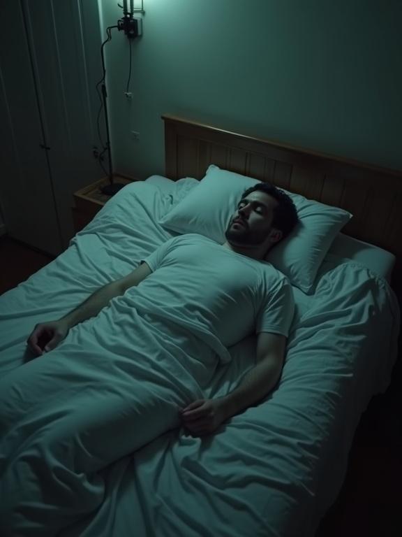 High angle view of a man lying in bed. Bed is dimly lit with shadows. Man is covered in sheets. Body shape appears unsettling. Atmosphere is dreamlike and eerie.