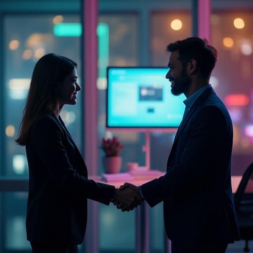 Brand representative and gamer connecting through a verification system. Focus on the handshake. Professional business setting with gaming elements. Achievements verified without revealing personal data.