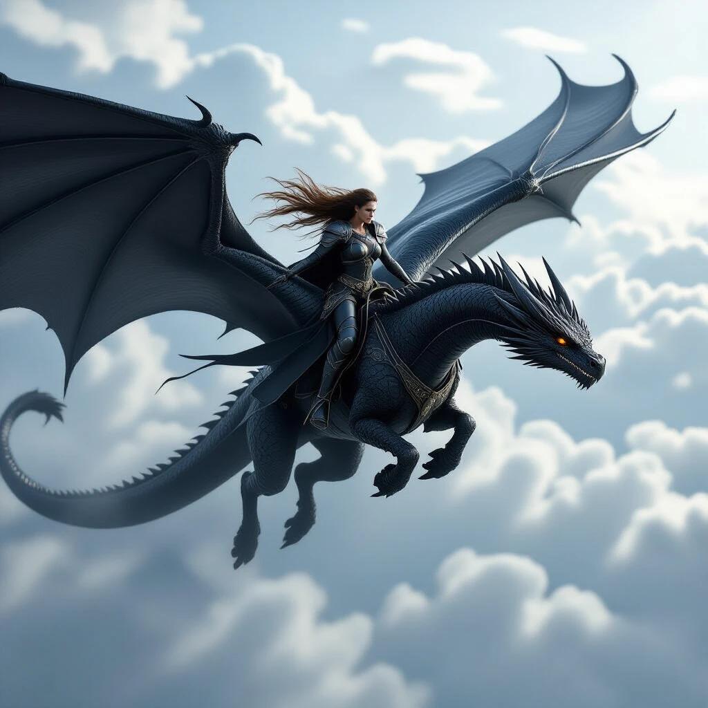 Epic fantasy scene shows a female warrior riding a black winged dragon soaring through a cloudy sky. Wind sweeps through her hair as the dragon glides majestically. Dramatic clouds shift in the background, emphasizing the epic atmosphere.