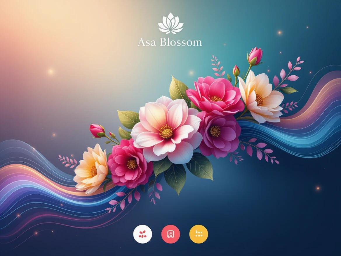 A stunning flower arrangement with vibrant colors includes a long wavy line from left-center to right top. The scene showcases floating flowers creating a magical and surreal effect. The design is dreamlike, with an ethereal atmosphere. A logo for Asa Blossom is presented on top, and three buttons are located at the bottom.