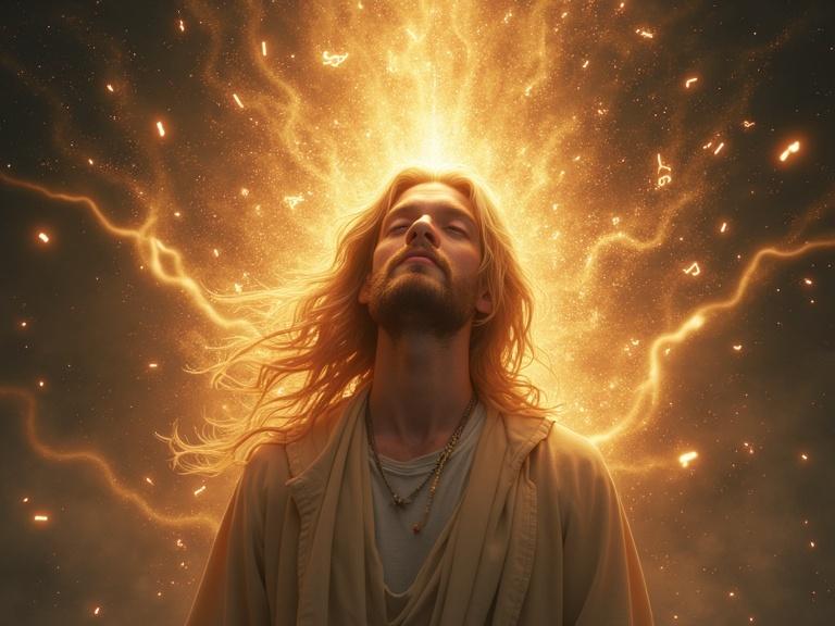 Enoch surrounded by glowing musical notes of divine energy serene expression symbolic style ethereal colors 9:16 aspect ratio