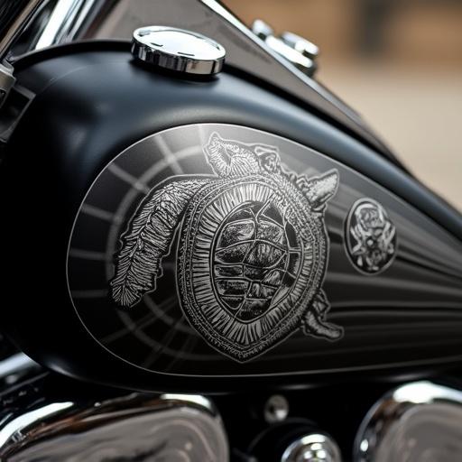 Black and white turtle shell design on a motorcycle tank. Close-up view of the unique artistry on motorcycle.