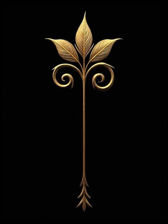 Small symmetrical Art Nouveau leaf swirl. Chunky gold lines and smooth curves. Perfect for placing above or below text on a spine. Black background.