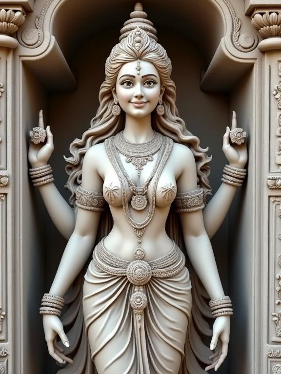 Detailed stone statue of goddess in temple alcove. Joyful and welcoming expression radiates warmth and serenity. Adorned with traditional Indian jewelry including layered necklaces and ornate earrings. Intricate attire featuring fitted blouse and flowing dhoti style garment with delicate folds. Elaborate crown and floral hair decorations add regal touch. Backdrop of classical temple architecture with carved arches and stonework enhances divine ambiance. Fine detail with smooth marble-like texture.
