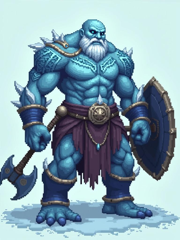 Pixel art design of a massive frost giant. The giant stands 20 feet tall. Ice blue runic tattoos adorn the body. The giant carries a shield and axe. The design is 60 pixels wide. Blue eyes illuminate the design.