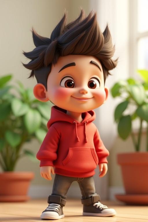 Stylized 3D character of young boy with playful expression. Wears red hoodie with spiky hair. Stands confidently in casual pose. Indoors with plants and soft lighting.