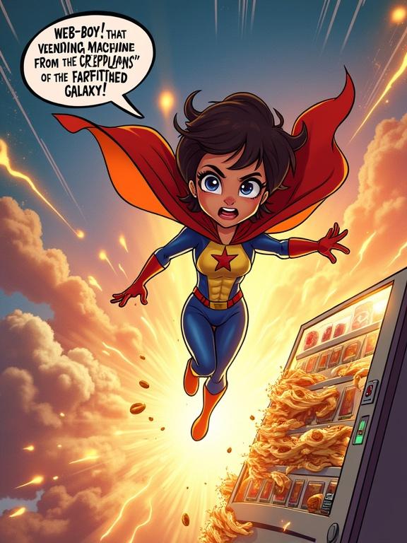 A 3D cartoon-style superheroine named Star-Girl bursts into the scene at high speed. She descends from the sky in glowing light. Her cape flows behind her. She lands dramatically next to Web-Boy. He is entangled in living pancakes. Her face shows urgency and concern. She points at the vending machine. It shakes and emits sparks. The sky glows with cosmic colors. A speech bubble reads: 'Web-Boy! That vending machine is a weapon from the Crepalians of the Farfetched Galaxy!' The style is vibrant and full of comic energy.