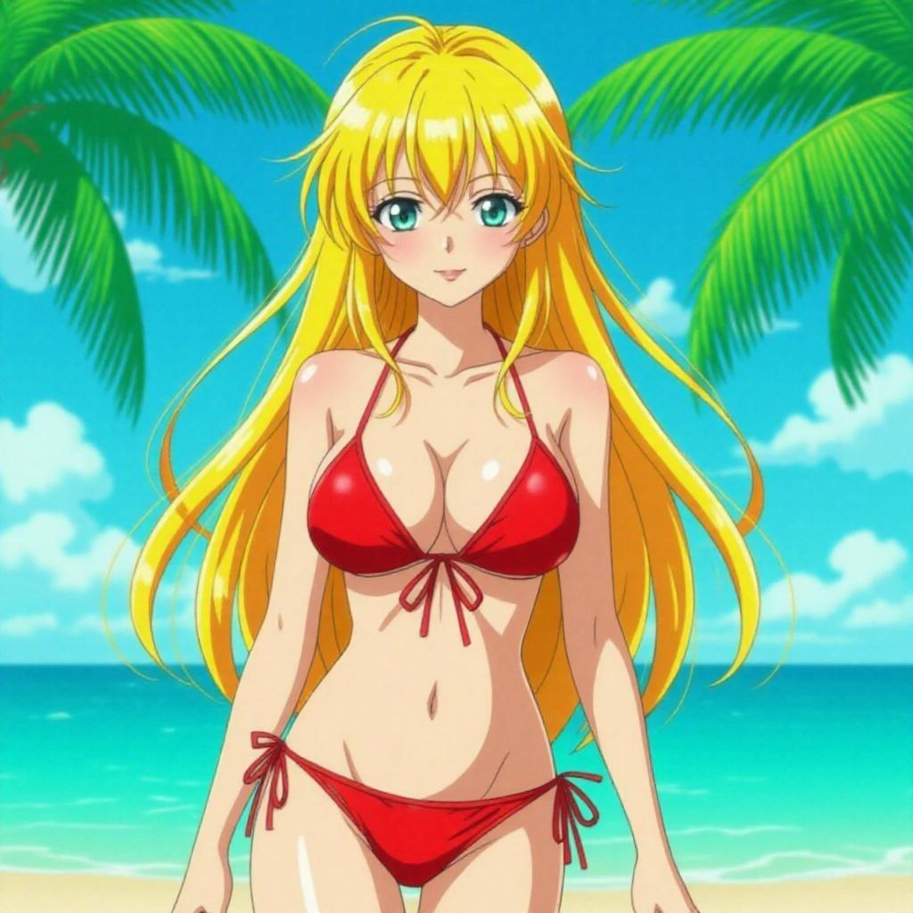 Anime girl with long blonde hair wearing a red string bikini standing on a beach with palm trees in the background.