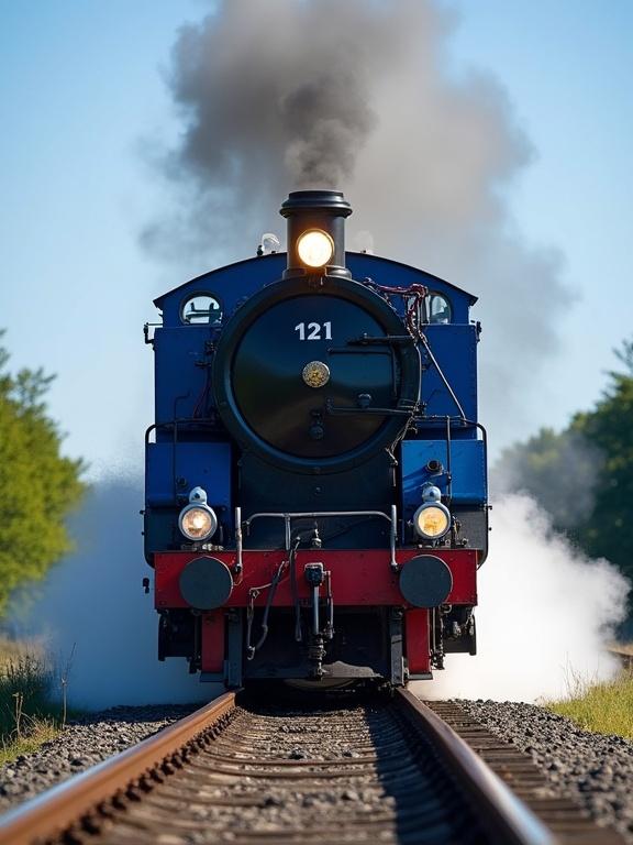A powerful blue train speeds along the railway tracks. Steam and smoke billow from its front. Lush greenery surrounds the scene. The sky is clear and blue. Tracks glisten under the sunlight. The train’s two bright headlights glow, showcasing its strength.