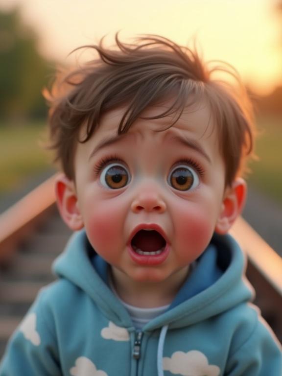 Close-up of a young boy with fair skin and soft brown hair. Big hazel eyes look shocked. Mouth slightly open, eyebrows raised. Baby wears a sky-blue hoodie with white cloud patches. Background shows blurred countryside railway during golden hour.
