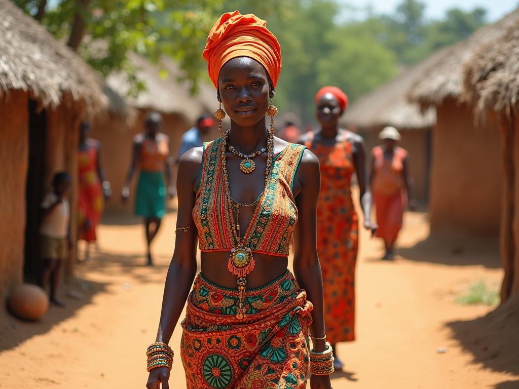 The image depicts a vibrant village scene. In the foreground, a woman is walking confidently down a dirt path. She wears a colorful traditional outfit with intricate details, including a bright orange head wrap. Her jewelry is striking, adding to her regal appearance. Behind her, other villagers are seen, some engaged in daily activities. The huts made of thatch are typical of the village setting, surrounded by lush greenery and trees, creating a warm and inviting atmosphere.