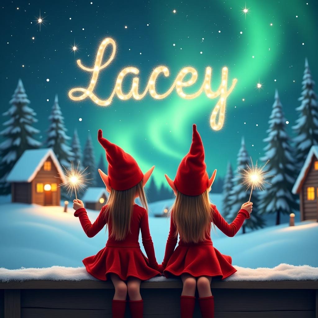 Two female elves dressed in red with pointed hats sit on a wooden ledge. They gaze at a magical sky. Each holds a sparkling wand. Background is a snowy landscape with small houses and evergreen trees. Shimmering Northern Lights above. The elves write 'Lacey' in the sky.