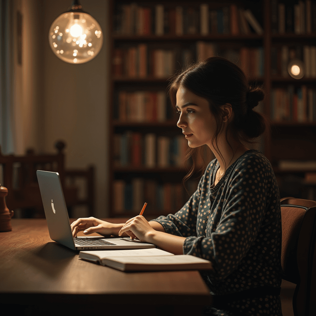 A woman focuses intently on her laptop while taking notes in a cozy library setting.