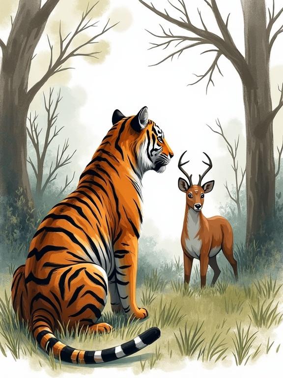 Draw a tiger hiding and waiting in bush trying to ambush a deer.