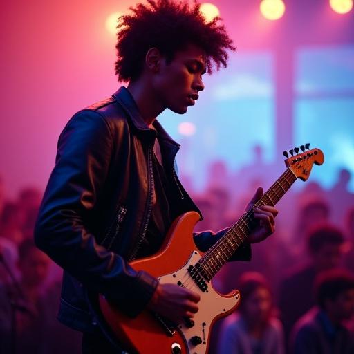 Biracial male plays electric guitar on stage. He has curly black hair and wears a leather jacket. The focus is on his guitar and performance. The audience is visible in the background. The scene is vibrant due to colors and lighting.