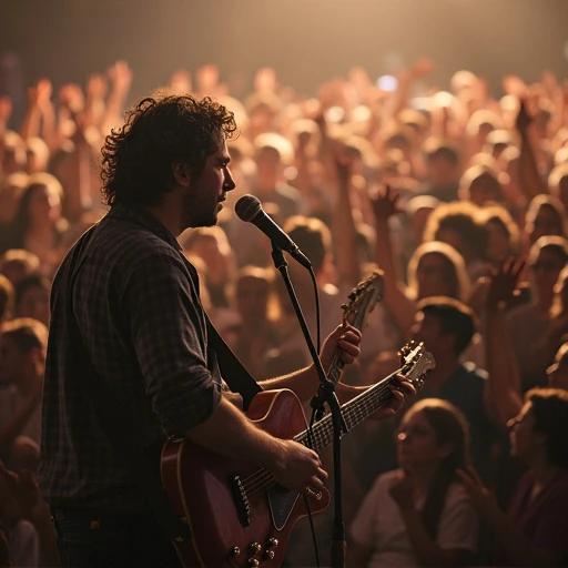 Musician plays guitar. Animals form from notes. Crowd sways together. Stage lights illuminate the scene.