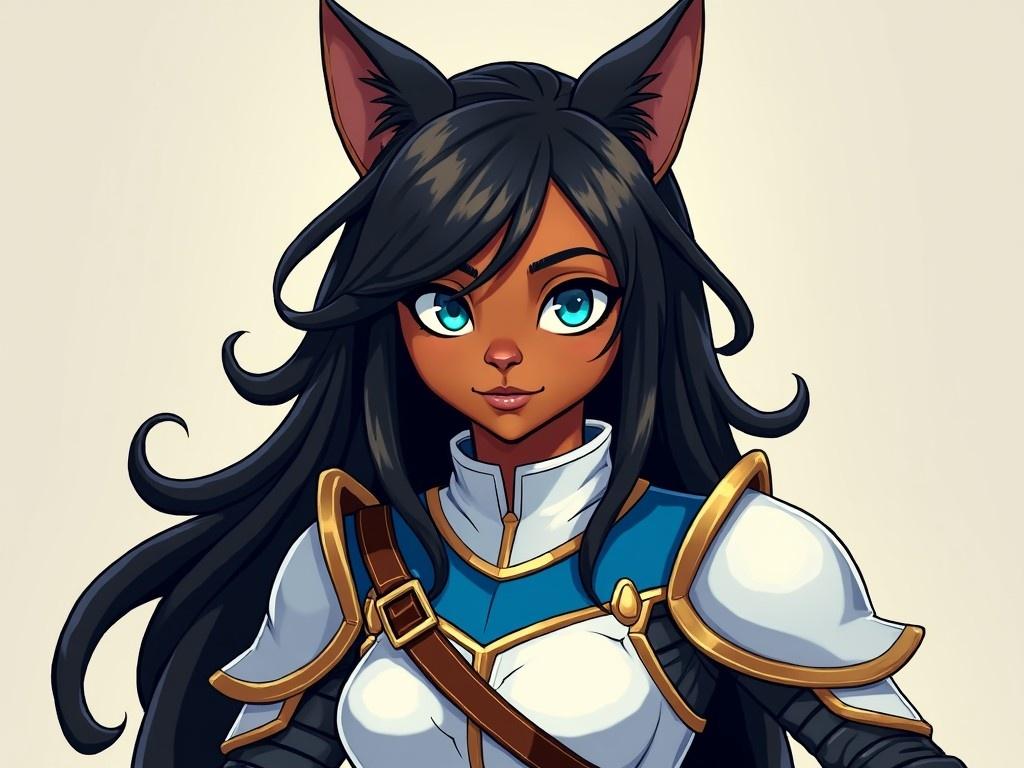 The image depicts a caramel-skinned cat girl with long, flowing black hair adorned with golden highlights. She wears a striking knight uniform that features a combination of white and blue colors, showcasing her readiness for adventure. Her large, expressive blue eyes draw in the viewer, adding a captivating charm to her character. The illustration style is reminiscent of Dungeons and Dragons, emphasizing fantasy themes. This adult character blends elements of strength and elegance, ideal for various storytelling or gaming scenarios.