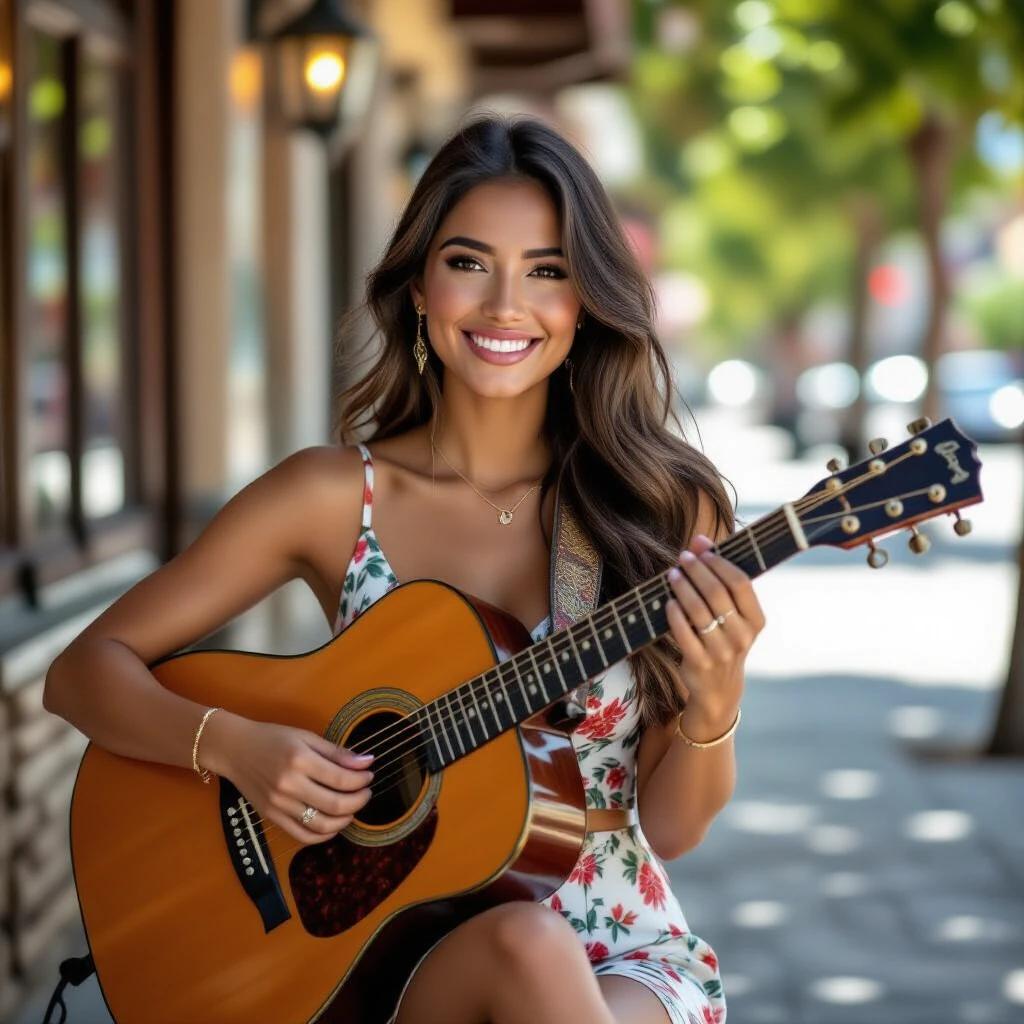 Latina girl playing guitar outdoors. Wearing a floral dress. Bright and sunny atmosphere. Captivating her surroundings with music.