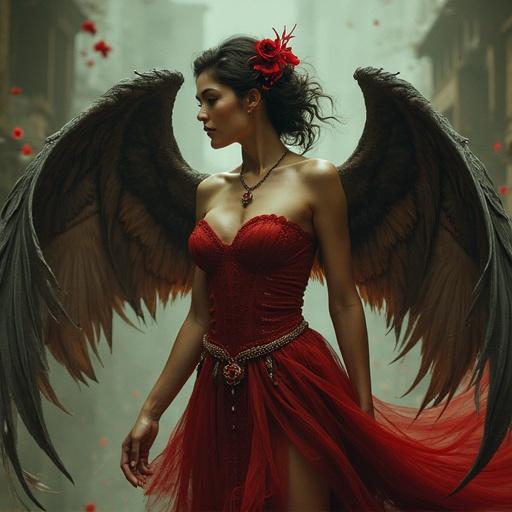 A woman with dark angel wings stands in a mystical setting. She wears a red gown adorned with floral details. Ethereal light surrounds her. The atmosphere feels enchanting and otherworldly.