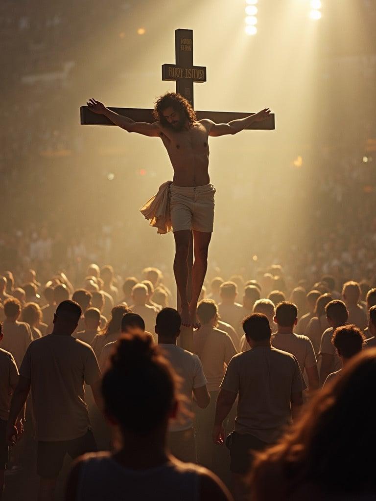 Image showing crowd gazing towards a figure on the cross. A spotlight shines on the figure creating a heavenly atmosphere. The crowd is dressed in light colors, focusing on the scene with reverence. The figure has long hair and is positioned as if in the act of crucifixion.