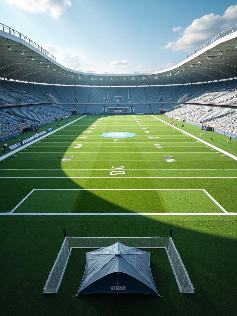 A full view of a football field from end zone to end zone showcasing bright green grass and a large blue logo at the center. A tent measuring 100x40 is placed on the field.