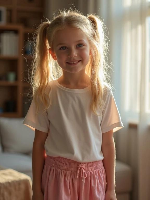 Depict a family scene with a young girl in a living room. The girl has blonde hair styled in twin tails. She wears a simple white shirt and pink shorts. The room is filled with natural light from the windows, creating a warm and inviting atmosphere. The girl's expression is subtle and calm, reflecting a moment of ease in a family setting.