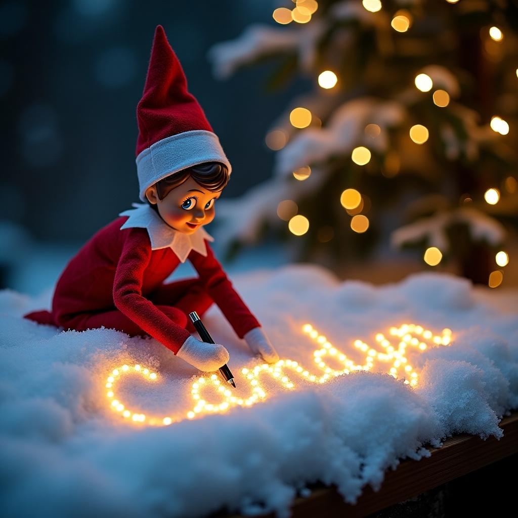 Elf on the shelf writes name in snow with lights. Cursive writing created by magic lights. Magical holiday scene. Joyful elf character. Snowy background creates festive atmosphere.