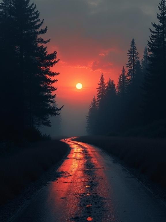 Digital watercolor painting depicting a winding road under a moody sunrise sky. Heavy mood illustrated through smooth paint strokes. Silhouetted trees lining the road, creating an expression of foreshadowing. Puddles reflect the colors of the sunrise on the wet road, leading into the distance.