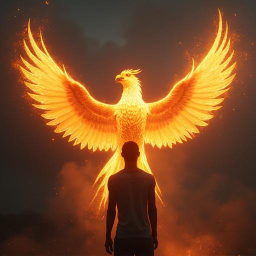 An image showing a man with a phoenix rising from his chest. The man has wings made of fire. The scene is glowing with warm colors.