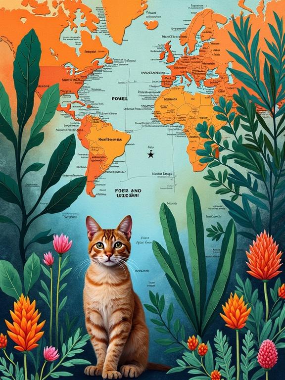 Collage of a world map and colorful plants with a realistic cat. Features a vibrant background of electric blue and neon green with accents of orange.
