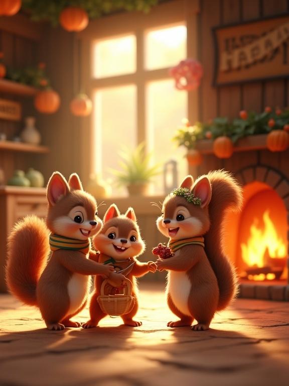 Delightful cartoon illustration of three squirrel siblings. Eldest brother spins with acorn violin. Sister twirls in flower crown with berry basket. Baby squirrel giggles in pajamas. Near walnut-shell fireplace with autumn decorations. Warm shadows from golden firelight.