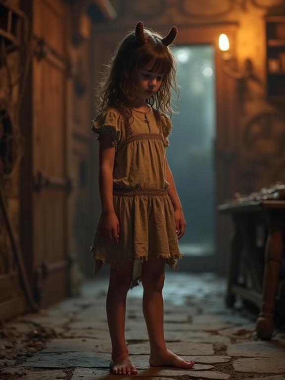 Photorealistic image of a young girl in a worn tavern dress with horns. She has messy brown hair and dark red eyes. The setting is a run-down tavern lit by torchlight. The girl stands barefoot, looking down. Full body shot shows her slender figure against the rustic background.