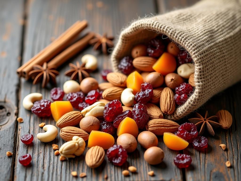 The image features a colorful mix of nuts and dried fruits spread out on a rustic wooden surface. A burlap sack is overturned, spilling its contents of various nuts including almonds, cashews, and hazelnuts. Next to the nuts, there are several dried fruits such as apricots, cranberries, and raisins. The composition includes some spices like cinnamon sticks and star anise, adding to the rustic feel. The overall scene is warm and inviting, showcasing the natural beauty of these healthy snacks.