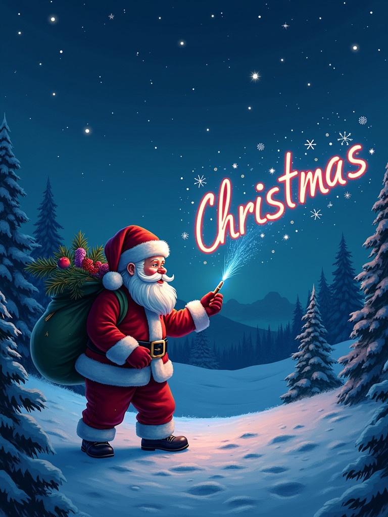 Santa Claus stands in a snowy landscape. He writes the word Christmas in colorful glow pen. The night sky sparkles with stars. Pine trees surround him. A bag full of gifts on his back.