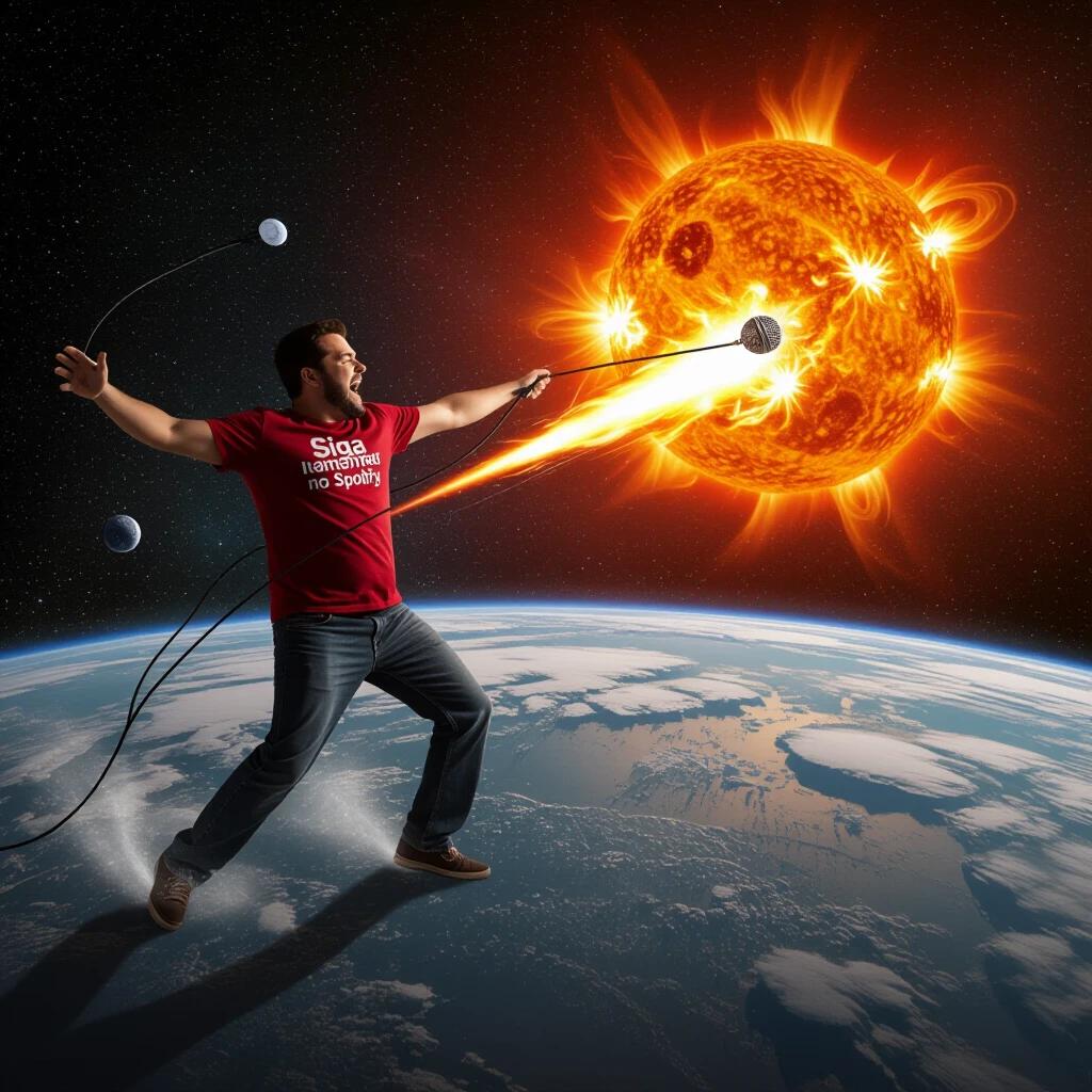 A man in a dark red t-shirt attempts a mic drop in space. Holding a microphone cord, he is propelled towards the sun. The Earth is visible below. The scene captures an exaggerated moment of commitment. A wide-angle view enhances the vastness of space with depth. Bright blues of space mix with fiery sun colors.