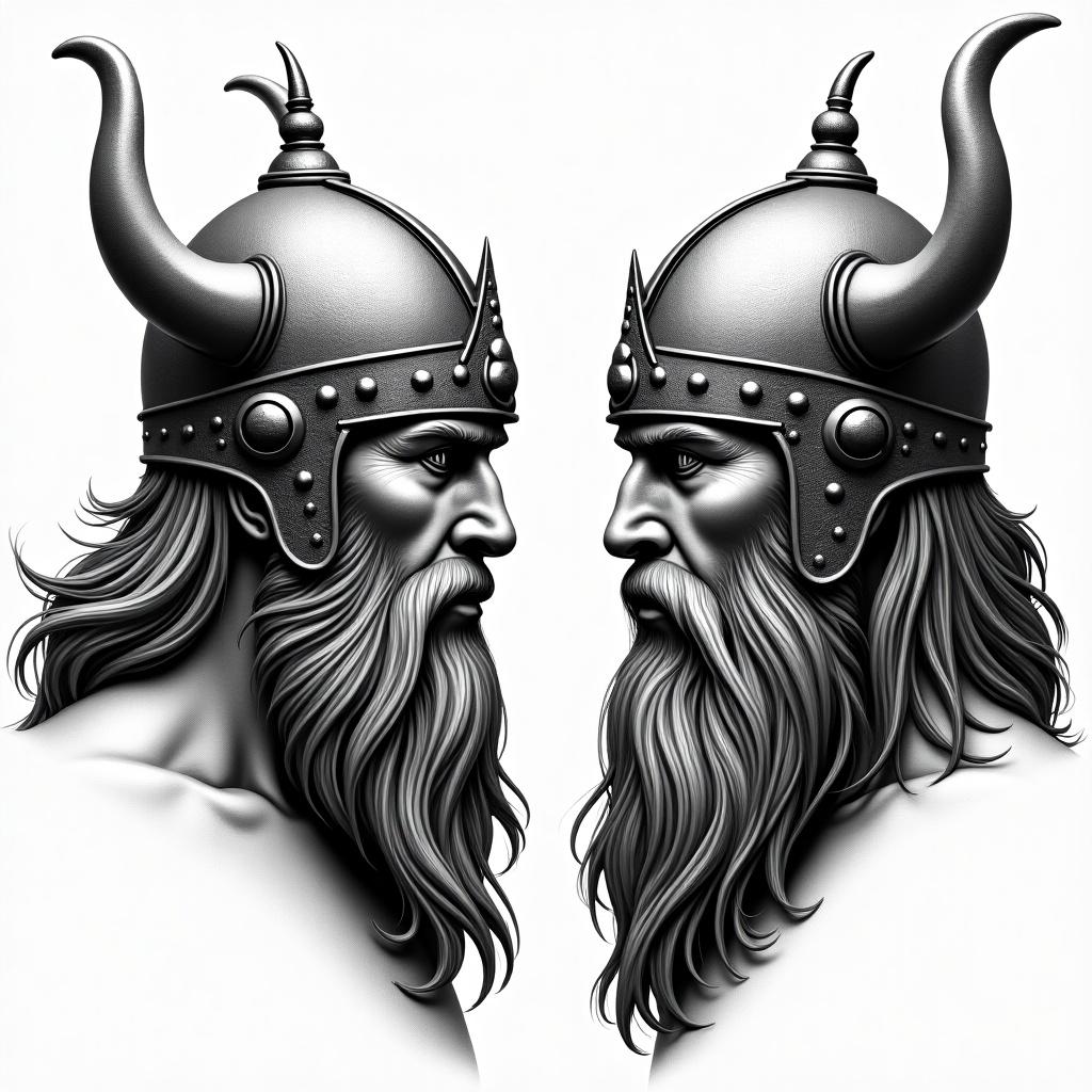 Image features two Viking warriors facing each other. Intricate helmets and long bearded faces are shown. Design emphasizes strength and elegance. Helmets have artistic details reflecting Scandinavian heritage. Contrasting expressions add depth to portrayal. Monochromatic palette enhances dramatic effect while maintaining sophistication.