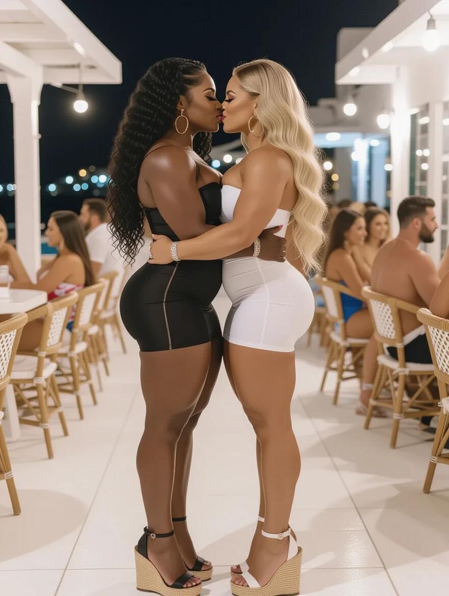 Two enormous female bodybuilders stand close together. One has long black curly hair and wears a black bandage dress. The other has long blonde wavy hair in a white bandage dress. Both have large backs and thick thighs. They embrace and lean in for a kiss. The setting is a nighttime bar in Mykonos with many couples around.